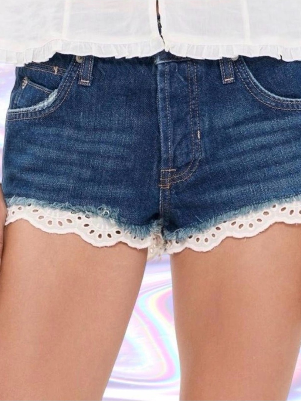 Free People Dark Blue Denim Shorts with White Lace Trim